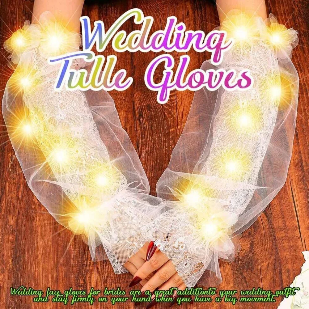 Women's Light Up Led Long Tulle Gloves Elbow Length Arm Sleeves Flower Gloves